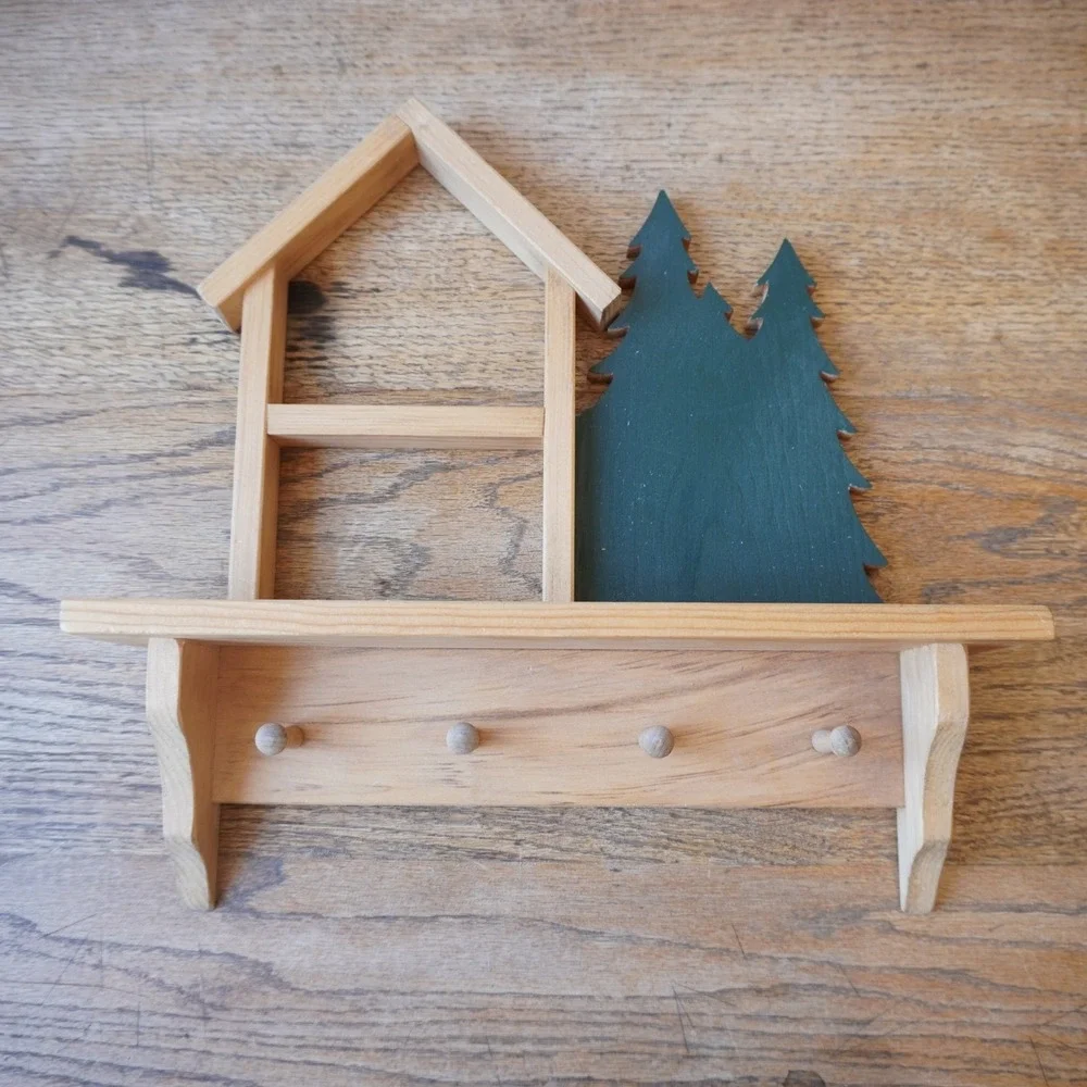 Rusitc Cabincore Small Wood Cabin Tree Wall Shelf Hook Rack Tan Green Key Holder